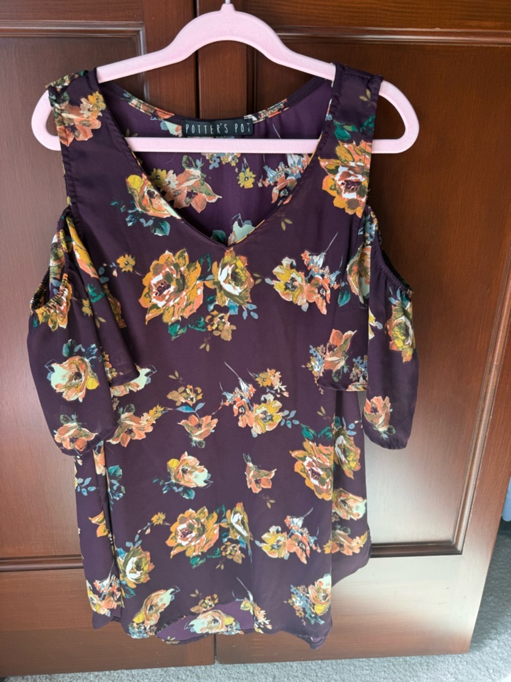 Potter's Pot Plum Floral Cold-Shoulder Blouse with Yellow and Green Accents